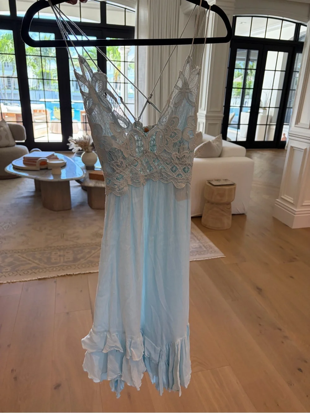 NWT Free People Blue Seawashed Adella Slip- Lace Crochet Asymmetrical Mini Dress
